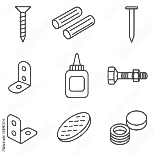 Woodworking Fastener Icons. Line style icons of woodworking fasteners: wood screws, dowels, nails, glue bottle, wood joinery bolts