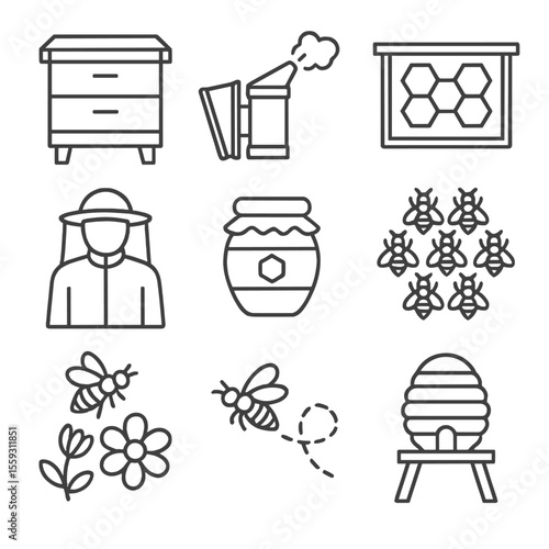 Beekeeping Icons. Line style icons of beekeeping on farms: beehive box, smoker tool, honeycomb frame, beekeeper suit, jar of honey