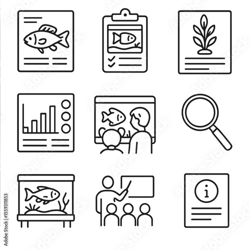 Educational Aquarium Elements Icons. Line style icons of educational aquarium elements: fish anatomy chart, aquarium care guide,