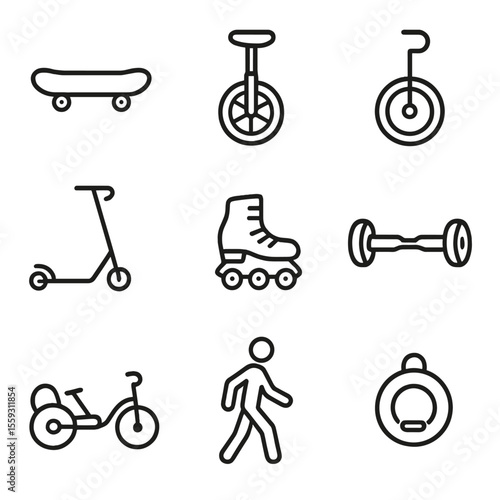 Alternative Transport Icons. Line style icons of alternative transportation: skateboard, longboard, unicycle, kick scooter, roller