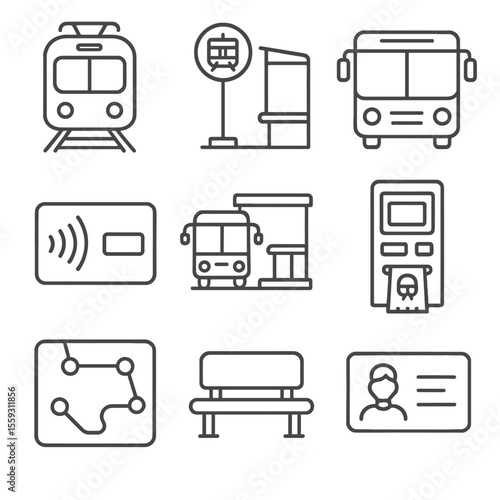 Public Transport Icons. Line style icons of public transportation: subway train, tram stop, city bus, metro card, bus terminal,