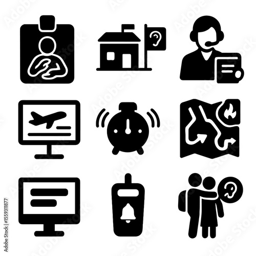 Travel Accessibility Icons. Solid style icons of travel tools for hearing impaired: interpreter travel badge, accessible hotel