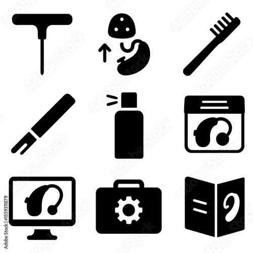 Hearing Aid Maintenance Icons. Solid style icons of hearing aid maintenance: battery change tool, dome replacement guide, brush