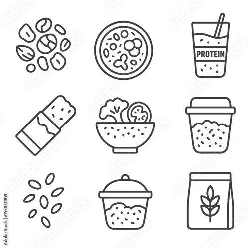 Modern Grain Icons. Line style icons of modern grain uses: granola mix, muesli bowl, protein-packed cereal, smoothie with oats,