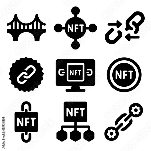 Cross-Chain NFT Icons. Solid style icons of cross-chain NFTs: bridge icon with NFT, multi-chain token logo, transfer across chains