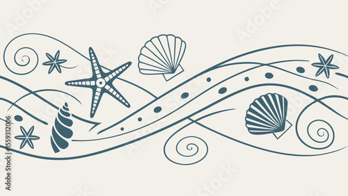 Decorative OceanThemed Border Featuring Starfish Shells and Swirls.
