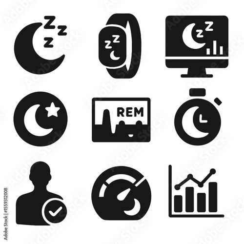 Sleep Tracker Icons. Solid style icons of sleep trackers: sleep ring icon, smart sleep wristband, sleep tracking dashboard,
