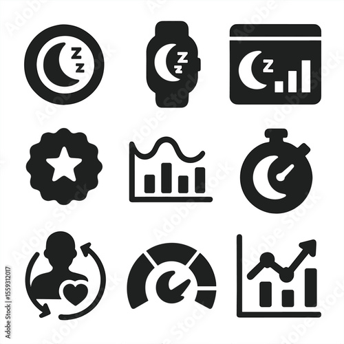 Sleep Tracker Icons. Solid style icons of sleep trackers: sleep ring icon, smart sleep wristband, sleep tracking dashboard,