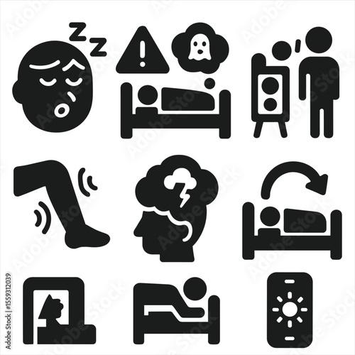 Sleep Disturbance Icons. Solid style icons of sleep disturbances: snoring face icon, sleep interruption alert, insomnia warning