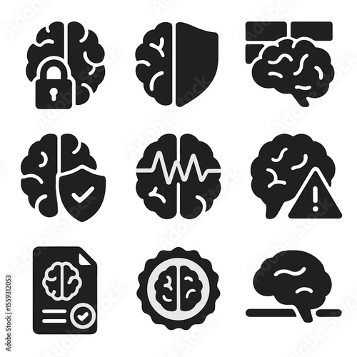 Brain Security Icons. Solid style icons of brain security and ethics: neural data lock, mind privacy shield, cognitive firewall