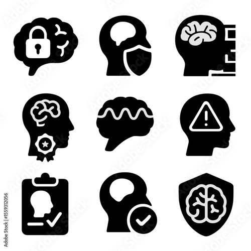 Brain Security Icons. Solid style icons of brain security and ethics: neural data lock, mind privacy shield, cognitive firewall