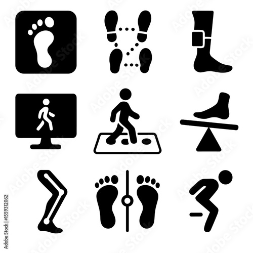 Gait Analysis Icons. Solid style icons of gait analysis systems: foot pressure map icon, stride pattern tracker, wearable gait