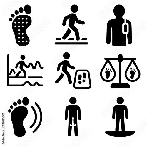 Gait Analysis Icons. Solid style icons of gait analysis systems: foot pressure map icon, stride pattern tracker, wearable gait