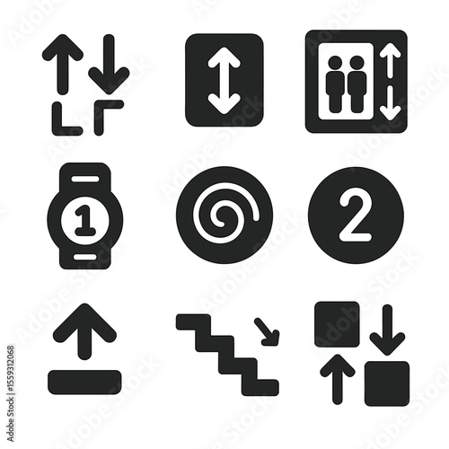 Multi-Floor Navigation Icons. Solid style icons of multi-floor navigation systems: floor change icon, vertical arrow overlay, lift