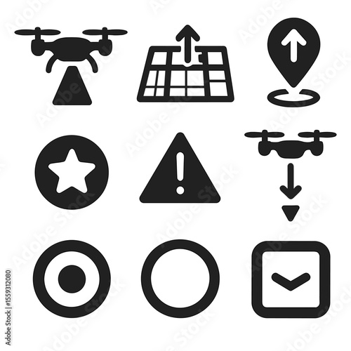 Drone AR Guidance Icons. Solid style icons of drone and aerial AR guidance: drone flight path beam, airspace map overlay, altitude