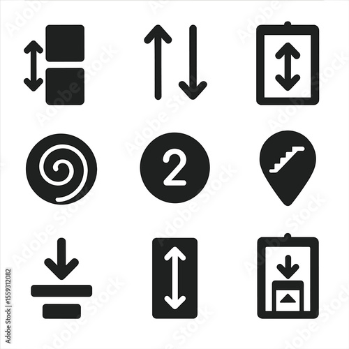Multi-Floor Navigation Icons. Solid style icons of multi-floor navigation systems: floor change icon, vertical arrow overlay, lift
