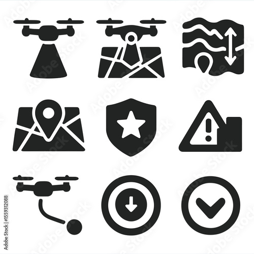 Drone AR Guidance Icons. Solid style icons of drone and aerial AR guidance: drone flight path beam, airspace map overlay, altitude
