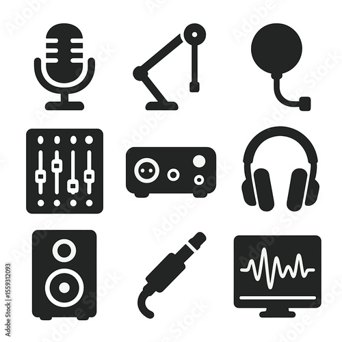Podcast Equipment Icons. Solid style icons of podcast recording equipment: professional microphone icon, boom arm stand, pop