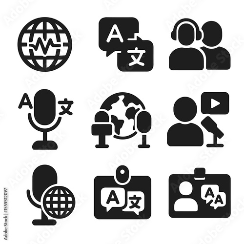 Multilingual Podcast Icons. Solid style icons of multilingual podcasting: globe with waveform icon, subtitle translation badge,