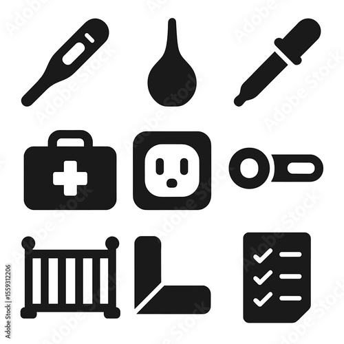 Baby Safety Tools. Solid vector icons of baby health and safety: digital thermometer, nasal aspirator, medicine dropper, baby