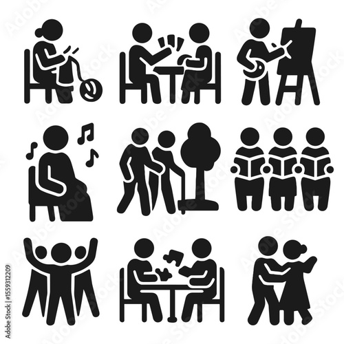 Senior Activity Icons. Solid vector icons of recreational activities for seniors: knitting icon, card game, painting class, music