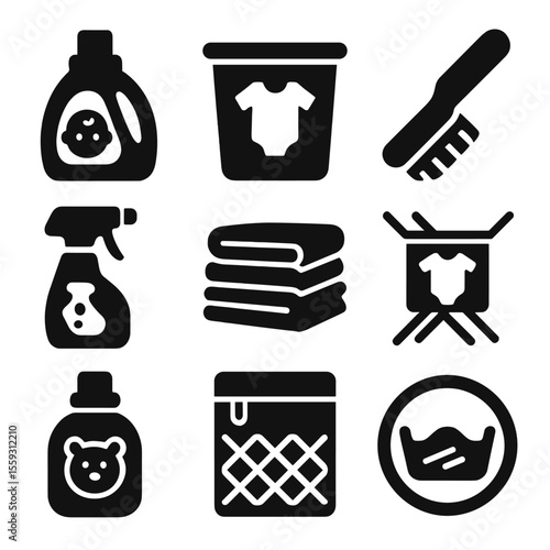 Baby Laundry Essentials. Solid vector icons of baby laundry and cleaning: baby detergent, baby hamper, soft brush, stain remover,
