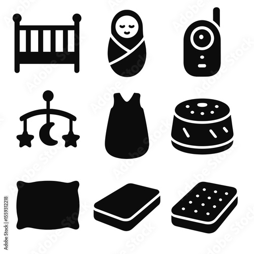 Sleep Essentials Icons. Solid vector icons of sleep essentials: baby crib, swaddle blanket, baby monitor, nightlight, mobile above