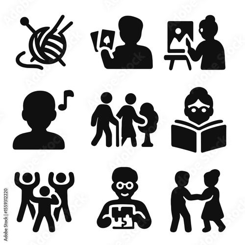 Senior Activity Icons. Solid vector icons of recreational activities for seniors: knitting icon, card game, painting class, music