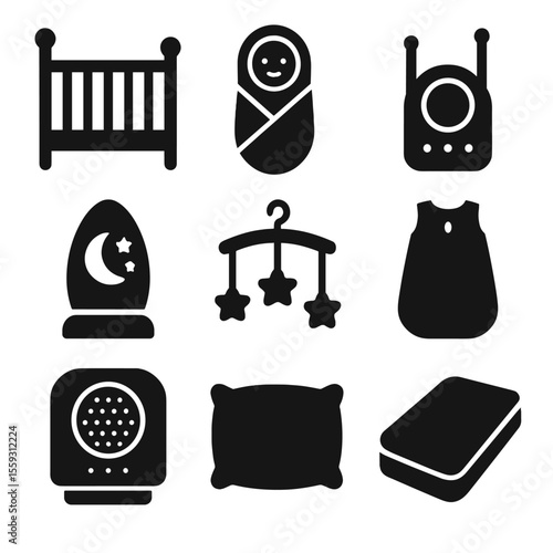 Sleep Essentials Icons. Solid vector icons of sleep essentials: baby crib, swaddle blanket, baby monitor, nightlight, mobile above