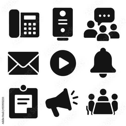 Office Communication Icons. Solid vector icons of office communication tools: landline phone, intercom system, team chat icon,
