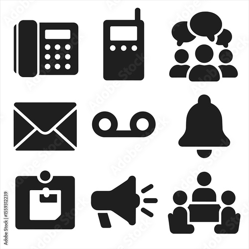 Office Communication Icons. Solid vector icons of office communication tools: landline phone, intercom system, team chat icon,