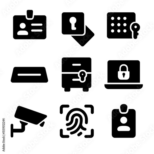 Security Tools Icons. Solid vector icons of office ID and security tools: ID badge, security keycard, access code pad, nameplate,