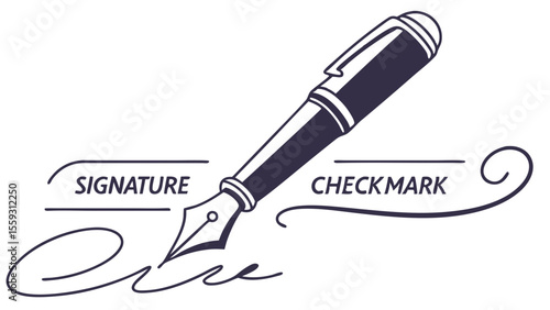 Fountain pen illustration with signature and checkmark design elements.