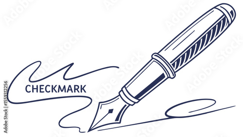 Fountain pen drawing a checkmark signature in blue ink.