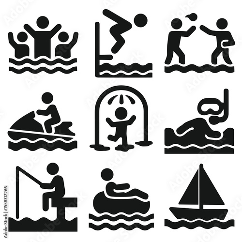 Water Fun Icons. Solid vector icons of water-based fun: pool party, diving, water balloon fight, jet ski ride, splash pad,
