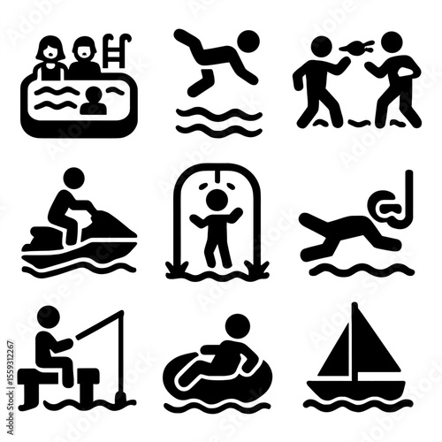 Water Fun Icons. Solid vector icons of water-based fun: pool party, diving, water balloon fight, jet ski ride, splash pad,