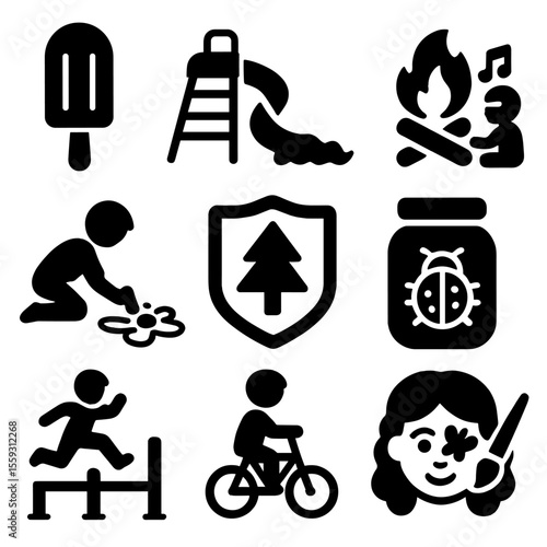 Kids Summer Fun Icons. Solid vector icons of kids summer activities: popsicle treat, water slide, campfire songs, chalk drawing,