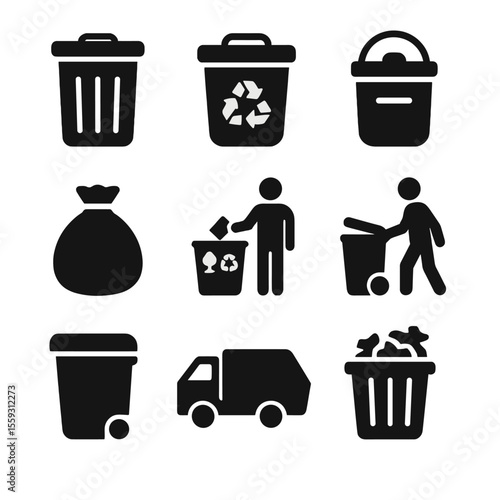 Solid Waste Icons. Solid vector icons of waste and recycling: trash bin, recycling bin, compost container, tied garbage bag,