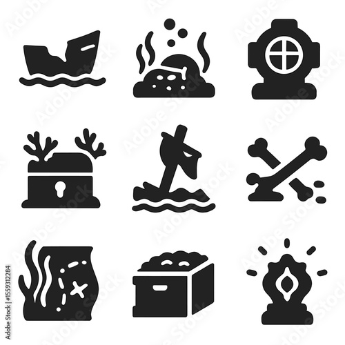 Underwater Treasure Discovery. Solid vector icons of sunken treasure and wrecks: broken ship hull, treasure underwater, diver