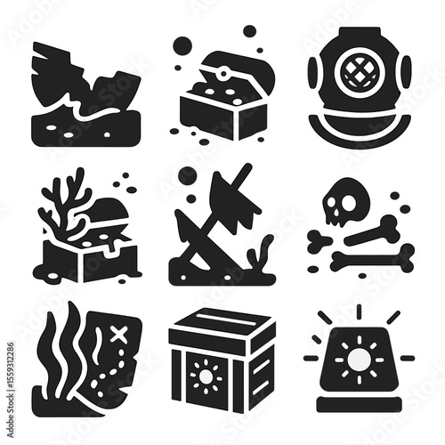 Underwater Treasure Discovery. Solid vector icons of sunken treasure and wrecks: broken ship hull, treasure underwater, diver