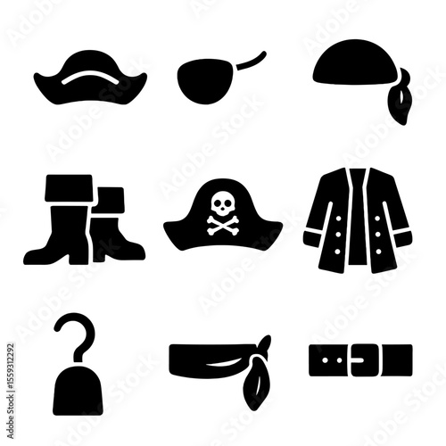 Pirate Attire Icons. Solid vector icons of pirate hats and attire: tricorn hat, eye patch, pirate boots, bandana, skull emblem hat