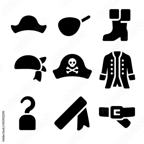 Pirate Attire Icons. Solid vector icons of pirate hats and attire: tricorn hat, eye patch, pirate boots, bandana, skull emblem hat