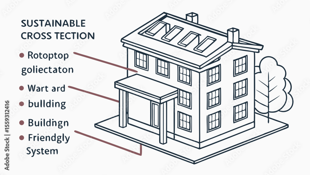 Naklejka premium Isometric Line Drawing of a TwoStory House with Tree.