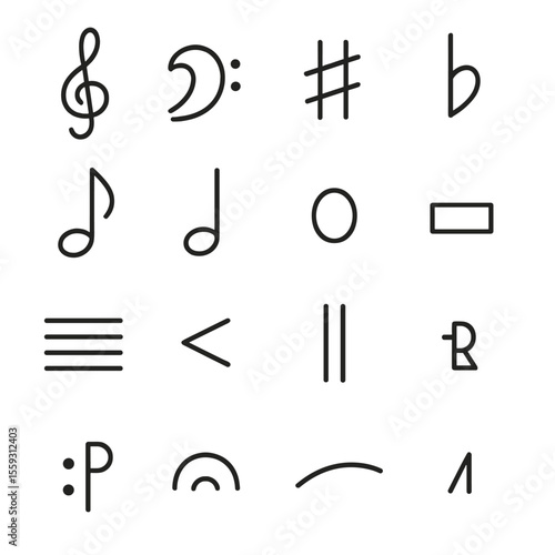 Music Symbols Icons. Line style icons of music symbols: treble clef, bass clef, sharp sign, flat sign, quarter note, eighth note,