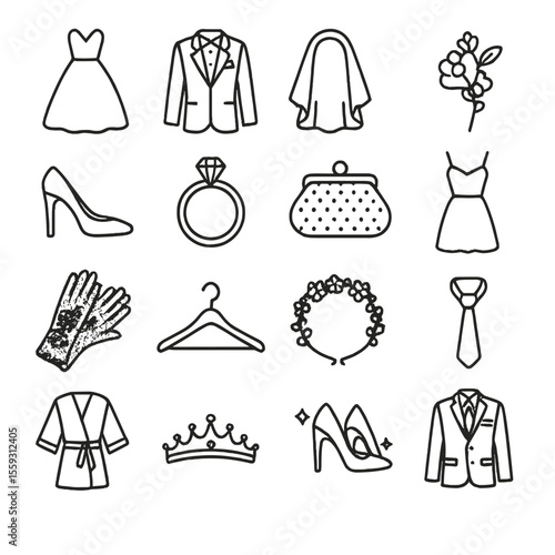 Wedding Fashion Icons. Line style icons of wedding fashion: wedding gown, tuxedo, veil, boutonnière, bridal shoes, wedding ring,