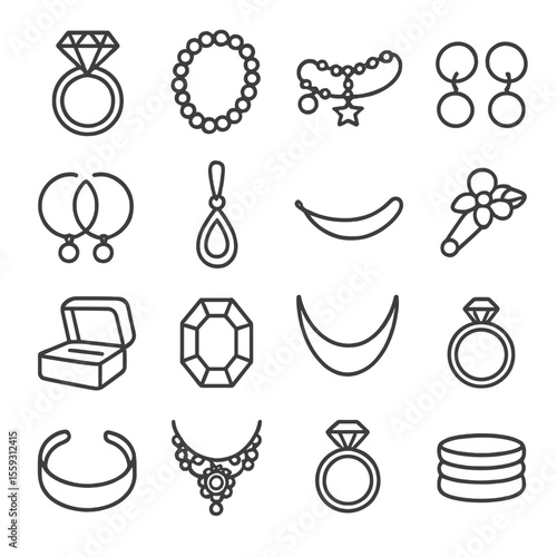 Jewelry Icon Set. Line style icons of jewelry items: diamond ring, pearl necklace, charm bracelet, stud earrings, hoop earrings,