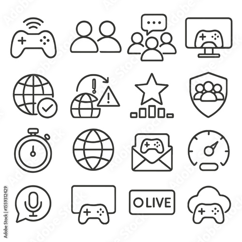 Online Gaming Icons. Line style icons of online gaming: wifi controller, multiplayer icon, team chat, game lobby, online badge,