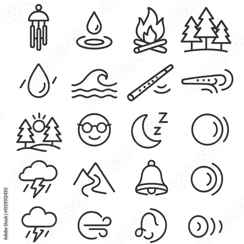 Ambient Sound Icons. Line style icons of ambient sound: wind chime, water drip, fire crackle, forest sound, rain drop, ocean wave,