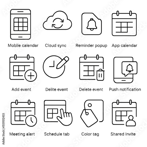 Digital Calendar Icons. Line style icons of digital calendar tools: mobile calendar, cloud sync icon, reminder popup, app calendar