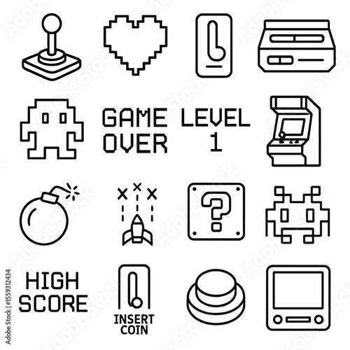 Retro Arcade Icons. Line style icons of retro and arcade games: arcade joystick, pixel heart, coin slot, retro console, 8-bit